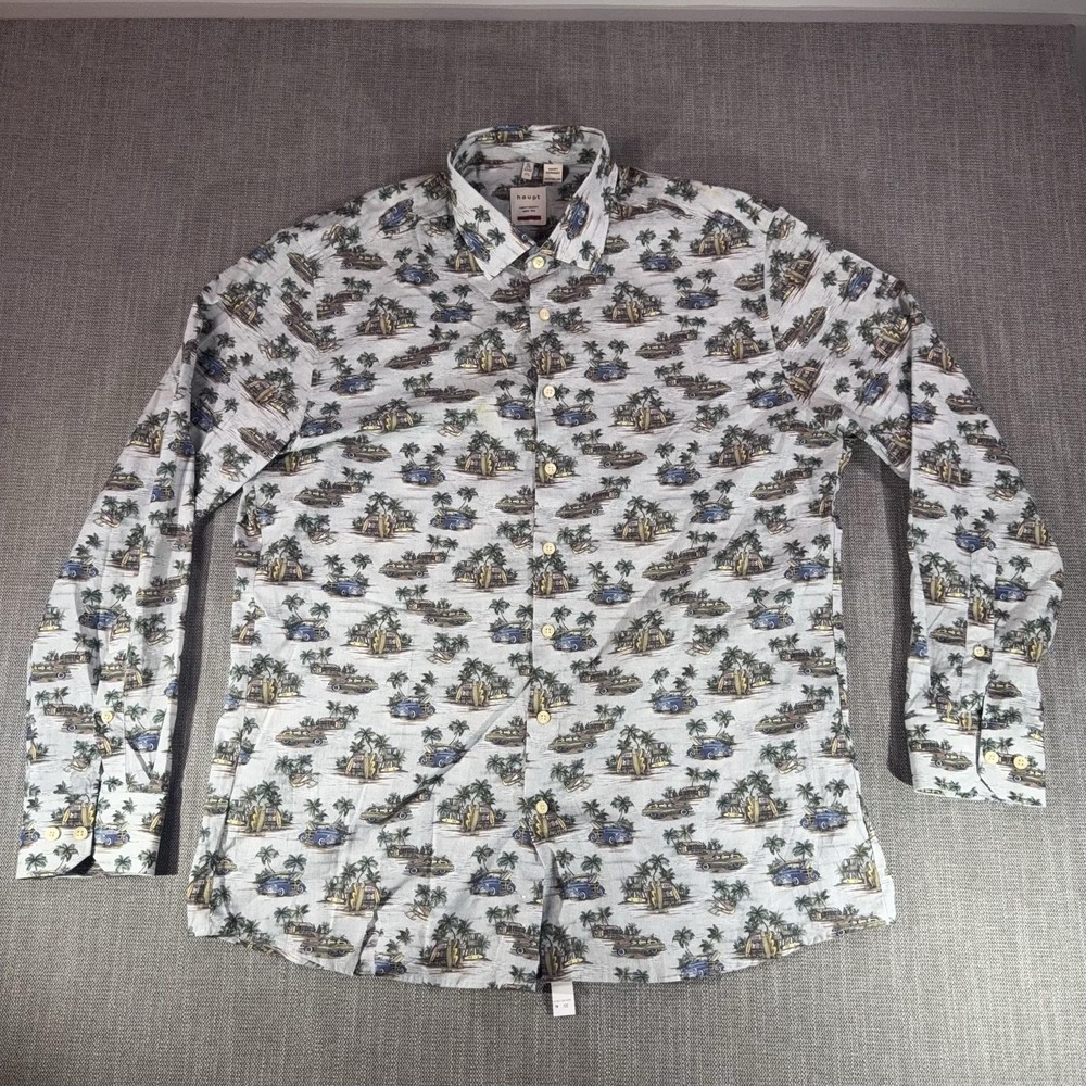 Haupt Shirt Mens XL Gray Tropical Beach Woody Car Print Long Sleeve Button Up
